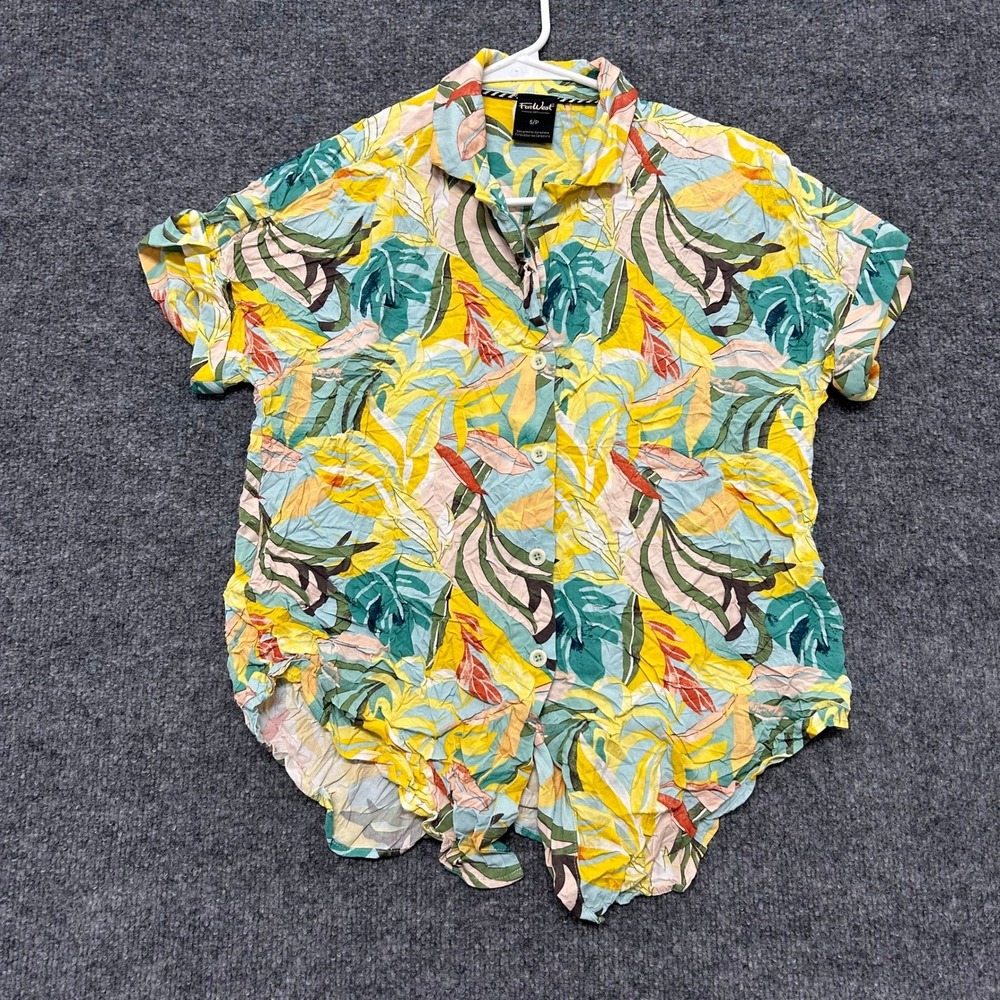FarWest Button Down Shirt Womens Size S Yellow Viscose Tropical Leaf Print